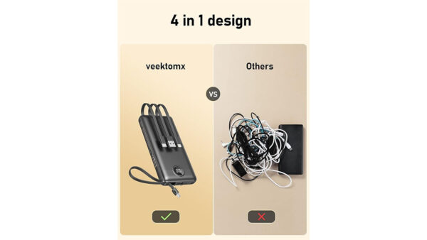 VEEKTOMX Portable Charger with Built-in Cables 10000mAh Power Bank for iPhone Slim Fast Charge USB C Battery Pack Travel Essentials Powerbank Compatible with iPhone, Samsung, Android, etc - Image 3