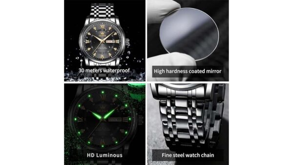 OLEVS Men Watch Blue Gold Analog Quartz Stainless Steel Waterproof Luminous Date Luxury Casual Watch - Image 2